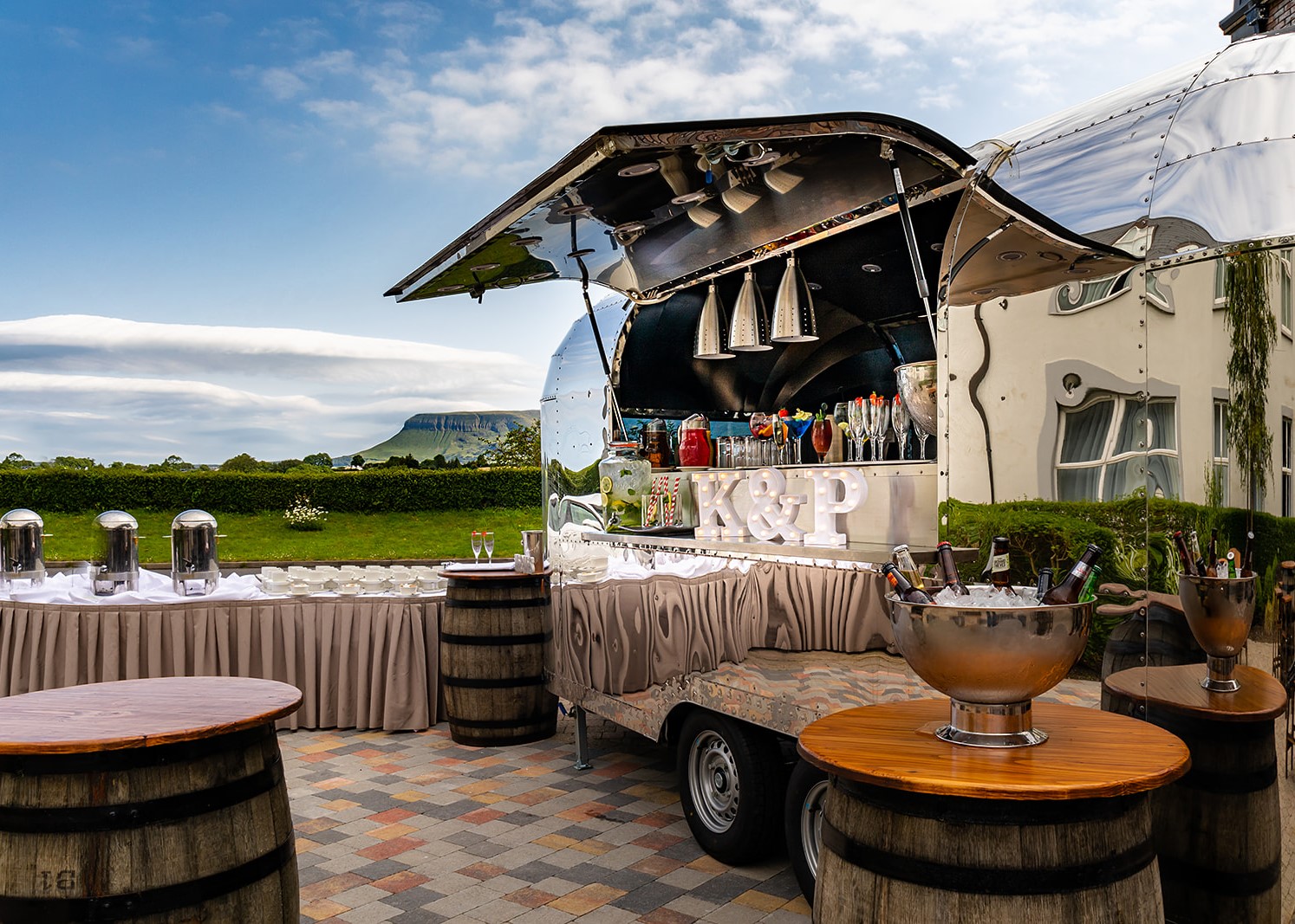 Outdoor cocktail bar wedding setup at Radisson Blu Hotel and Spa Sligo with mountain views